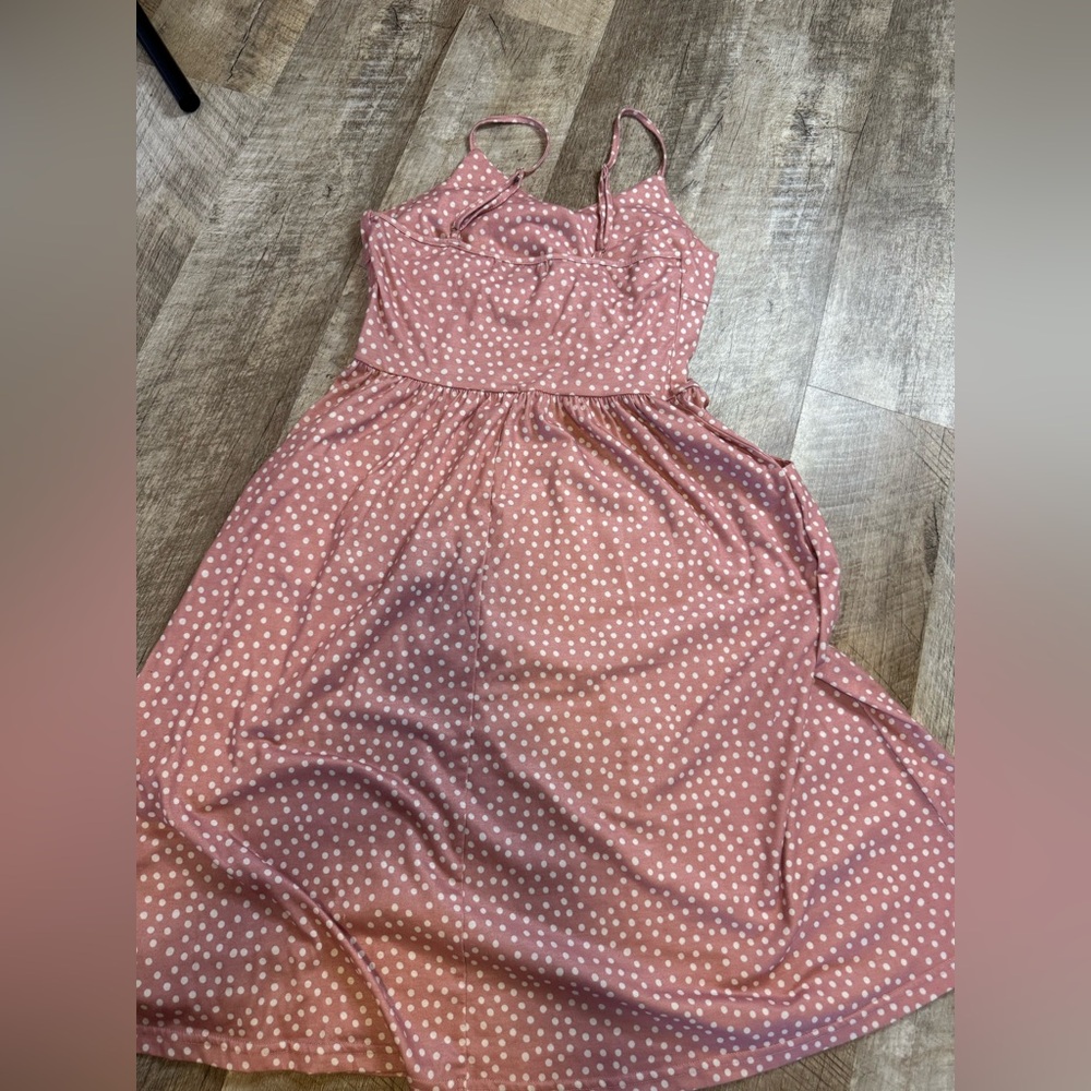 Yathon size SMALL pink/white polka dot midi sundress,  straps adjust, zip side - Picture 13 of 15